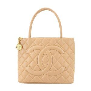 CHANEL Medallion Tote Bag Leather Beige A01804 Coco Logos 90289211